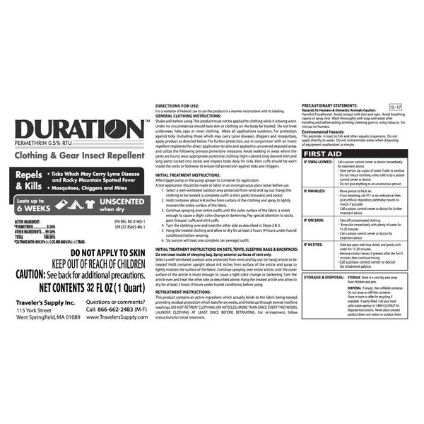 Duration™ 0.5% Permethrin Clothing Insecticide Trigger Spray (32 Oz)