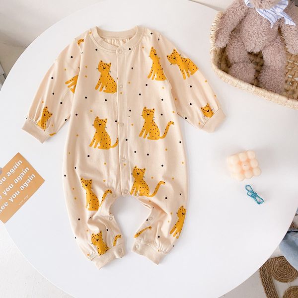 Baby Boy Cartoon Animals Graphic Snap Button Front Design Long Sleeved Romper Jumpsuit - 66 (3-6M) / Apricot