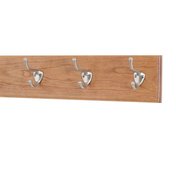 Cherry Coat Rack with Satin Nickle Hat and Coat Style Hooks 4.5" Ultra Wide (Cherry, 15" x 4.5" with 3 Hooks)