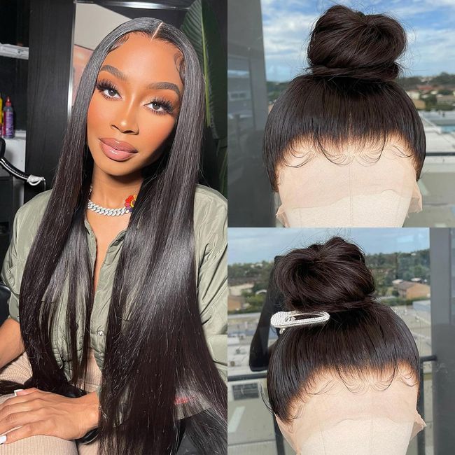 360 Lace Front Wigs Human Hair Full Lace Front Human Hair Wigs for Women Pre Plucked 180 Density HD Straight Glueless Wigs Human Hair Brazilian Virgin Lace Frontal Wig Human Hair Natural Black 24 Inch