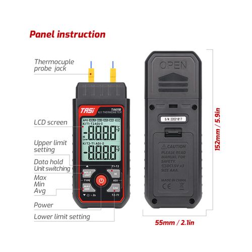TA611B Digital Thermocouple Thermometer 2 Channels Mini K/J Thermometer with 2 Thermocouples Contact Temperature Tester LCD Screen Display C/F Measuring