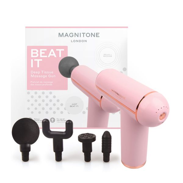 MAGNITONE Beat It Deep Tissue Massage Gun (Pink) - Suitable for Back, Shoulders, Arms, Legs & Glutes - 4 Interchangeable Heads, 6 Speeds - Relax & Relieve Muscle Tension - USB Rechargeable