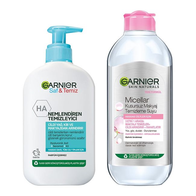 Garnier Micellar Kusursuz Makyaj Temizleme Suyu 400ML & Saf & Temiz Nemlendiren Temizleyici 250ml Cilt Bakım Seti