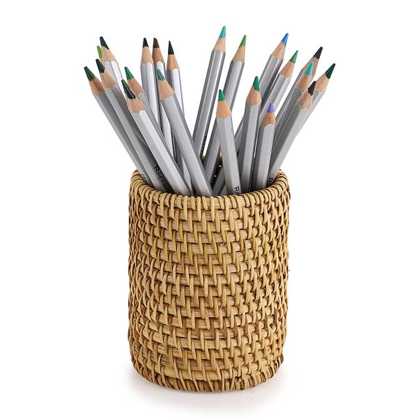 BSTKEY Handmade Rattan Woven Pencil Holder Desk Organizer, Multifunctional Stationery Storage Box Cosmetic Brushes Holder Stand, Cylinder (No Pencils)