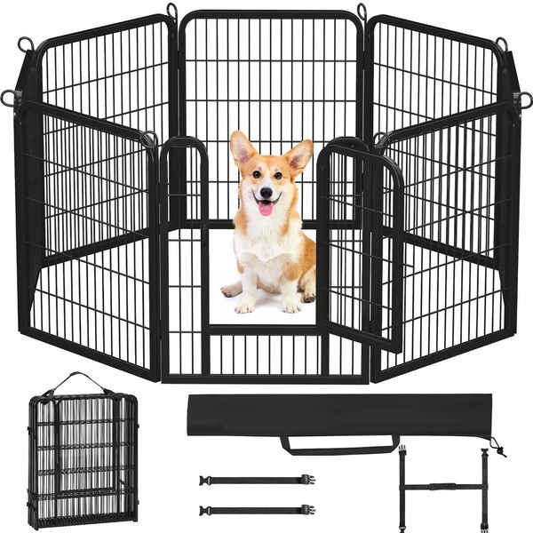 8 Panels Dog Playpen, Metal 32" Dog Fence with Easy-Carry Straps&Stakes Storage