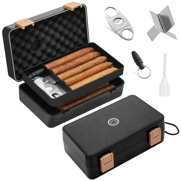 Travel Cigar Humidor Box Case Double layer design with Cigar Accessories Hygrometer&Spanish Cedar &Humidifier &Cigar Cutter & Cigar Stand &Cigar Punch CutterHold 8-10 Cigars Waterproof Case Crushproof