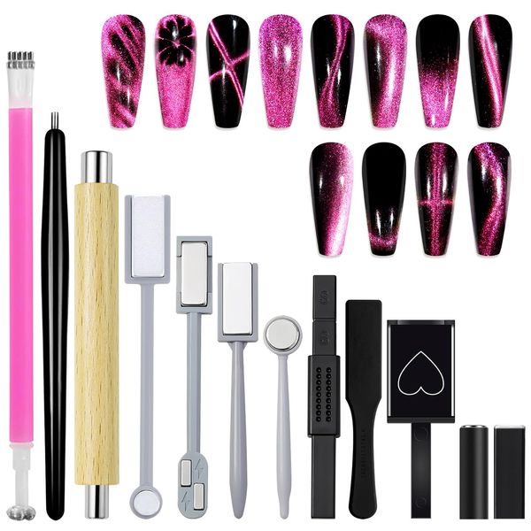 Laza 12 Pcs Nail Magnet Set, Super Strong Cylinder Magnet, Heart Magnet for Nails Double-head Magnet Wands for Magnetic Nails, 9D Galaxy Cat Eye Nail Art, Magnetic Nail Polish