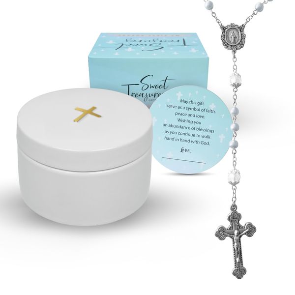 Sweet Treasures Gift – Baptism Gifts for Boys and Girls, First Rosary with Ceramic Keepsake Box and Card, Catholic First Communion Gift, Christening and Baby Shower Rosary Beads, White