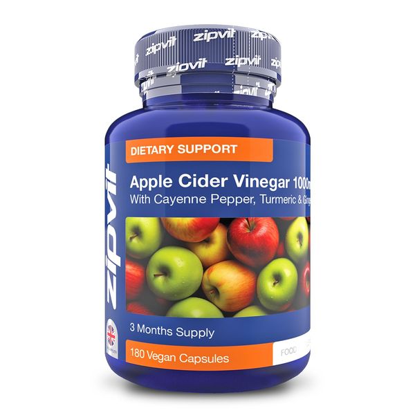 Apple Cider Vinegar with Turmeric, Ginger Root and Cayenne Pepper Extract, 180 Vegan Capsules, High Strength Apple Cider Vinegar Complex, 3 Months Supply, Suitable for Vegetarians, UK Supplier