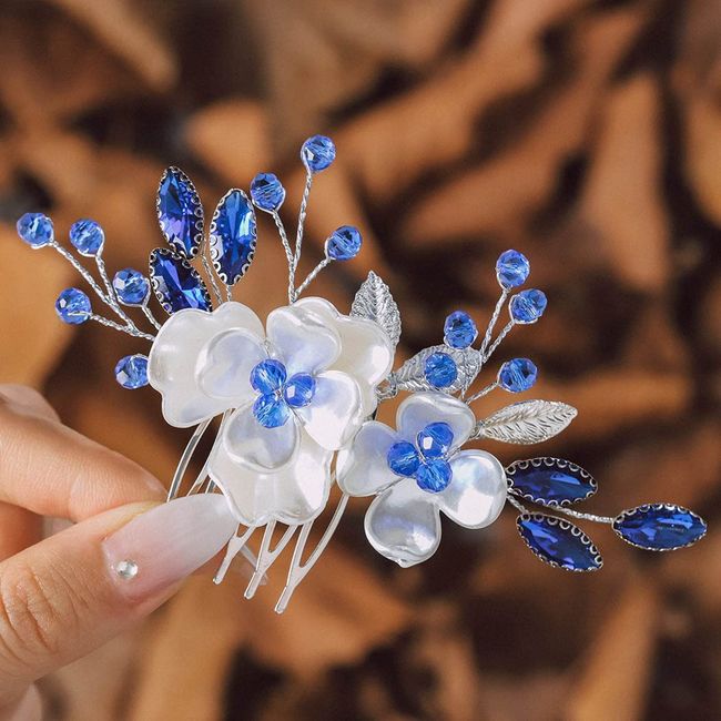 IYOU Blue Bridal Hair Comb Flower Beads Headpiece Prom Wedding Sides Combs Hair Accessories for Bride and Bridesmaid