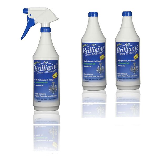 Brilliante Crystal Chandelier Cleaner - Manual Sprayer 32oz Environmentally Safe, Ammonia-Free, Drip-Dry Formula, Made in USA (3 Pack)