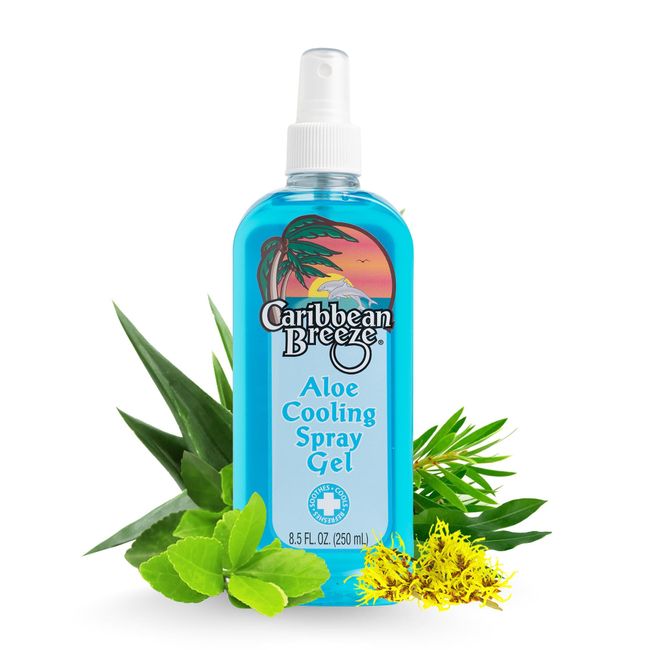 Caribbean Breeze Aloe Cooling Spray Gel, Mango Lime Spray Aloe Vera Gel Sunburn Relief, Vitamin Enriched with Camellia and Tea Tree Extracts, 100% Aloe Vera Gel For Face & Body, 8.5 oz (250 ml)