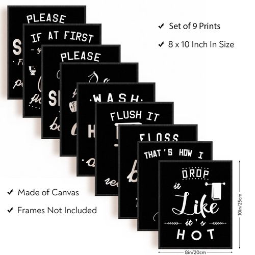 SUPERDANT Bathroom Canvas Wall Art Bathroom Pictures Print Bathroom Funny Toilet Wall Art Bathroom Rules Sign Bathroom Wall Art for Toilet Black Bathroom Decor Toilet Restroom Unframed Black 9 PCS