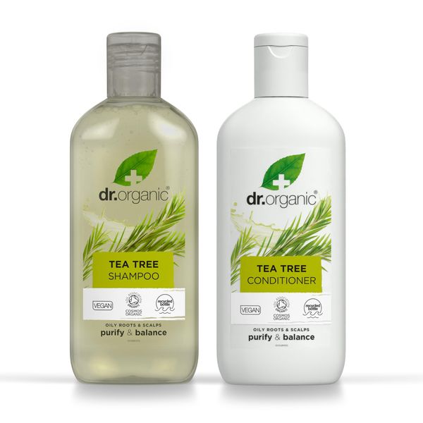 Dr Organic Tea Tree Shampoo & Conditioner Set with Travel Bag, Purifying, Oily Roots Natural, Vegan, Cruelty-Free, Paraben & SLS-Free, Recyclable & Recycled Ocean Bound Plastic, Organic, 265ml