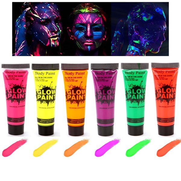 UV Bodypainting Set, 6 Farben Neon UV Schminkfarben, Schweißfest Fluoreszierende Farbe für Body & Face Paint, Glow in the Dark Waschbar Körperfarbe für Halloween, Karneval, Schwarzlicht Neon Party