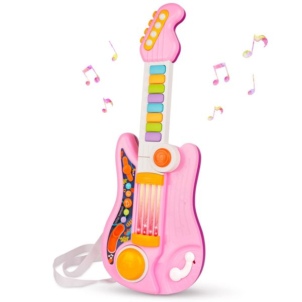 Kids Guitar 2 in 1 Music Toys Piano for Kids Electric Guitar with Strap Toddler Guitar Musical Instruments Toys for 3 4 5 Year Old Girls Gifts (Pink)