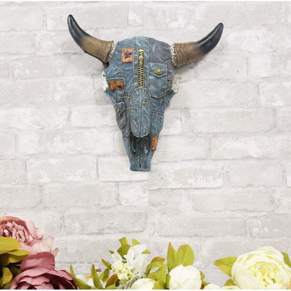 Ebros 13" Wide Western Southwest Steer Bison Buffalo Bull Cow Horned Skull Head In Cowboy Blue Denim Jeans Design Wall Mount Decor Native Indian Sacred Animal Totem Bust Skulls