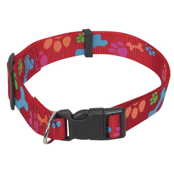 CHAPUIS SELLERIE Adjustable Nylon Dog Collar with Paw Print Design Red Width 15mm Length 30-45cm Size S