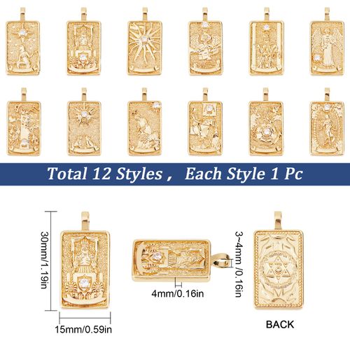 SUNNYCLUE 1 Box of 12 Pieces 12 Style Real 18K Gold-Plated Brass Charms Micro Pave Tarot Card Charms for Jewellery Making Cubic Zirconia Tarot Charm King Queen Sun Earrings Necklace Supplies