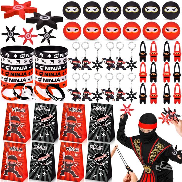 Winrayk Ninja Party Favors Birthday Supplies Bag Ninja Foam Star Stretchy Flying Slingshot Bouncy Ball Bracelet Keychain Ninja Kids Toys Games 72Pcs Karate Samurai Ninja Birthday Party Supplies Decor