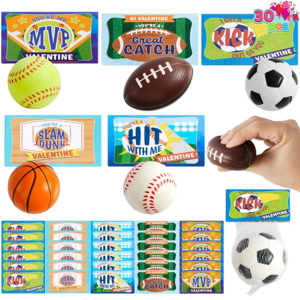 JOYIN 30 Pack Kids Valentines Day Gift Cards with Gift Mini Sports Ball Figure Stress Balls Squeeze Foam Balls for Classroom Exchange Prizes, Stress Relief, Valentine Party Favor Toys