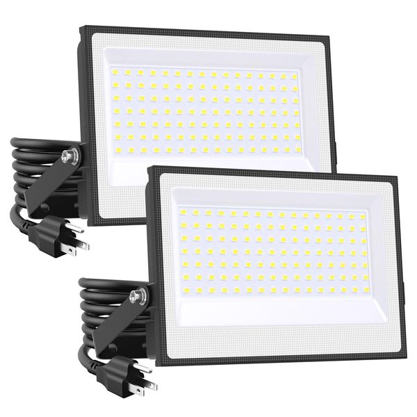 Onforu 100W Flood Lights Outdoor, 8900lm Bright LED Work Light with Plug, 6500K Daylight White LED Flood Light Outdoor, IP66 Waterproof Security Lights Yard Lights for Yard Garage Stadium 2 Pack