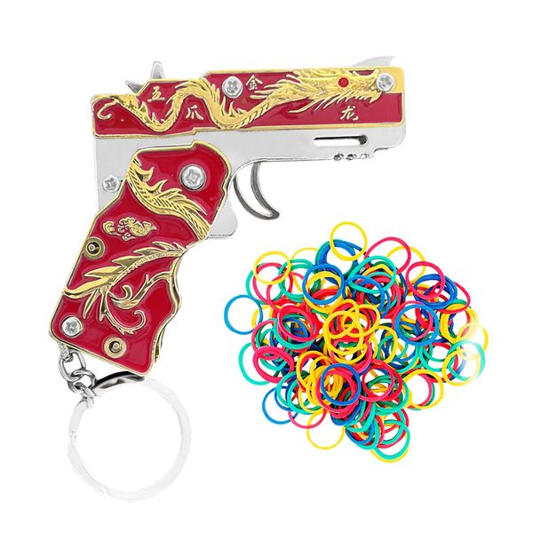 Rubber Band Gun Toy Mini Red Golden Dragon Keychain: Fun and Creative Outdoor Party Accessory with Colored Rubber Bands