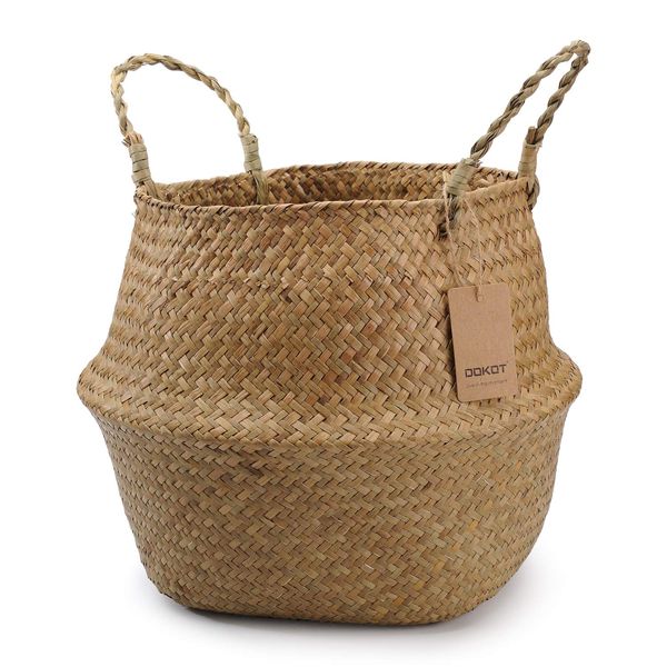 DOKOT Seagrass Basket Belly Plant Pot Woven Basket With Handle, Foldable Laundry Basket Toys Storage (Natural)