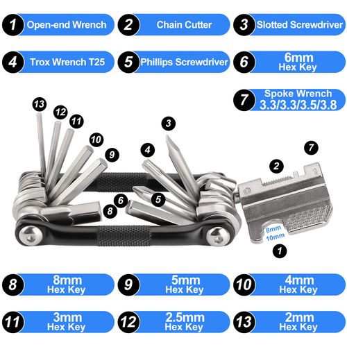 Bicycle Multitool, 17 in 1 Bicycle Tool, Multifunctional Tool, Bicycle Repair Set, Pocket Tool for Road Bikes and Mountain Bikes, with Chain Breaker, Allen Key and Spoke Tool