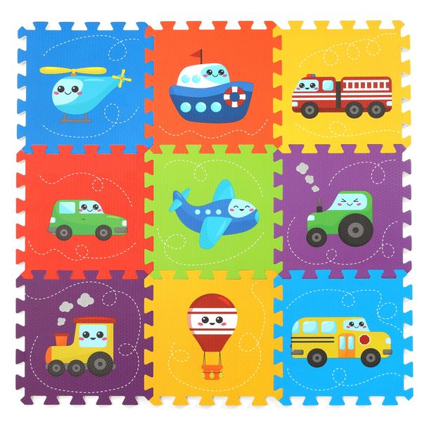 PLAY 10 Baby Play Mat, Foam Playmat for Babies, Kids Play Mat, Foam Floor Tiles 34×34 9 Pieces Vehicle Puzzle Mat