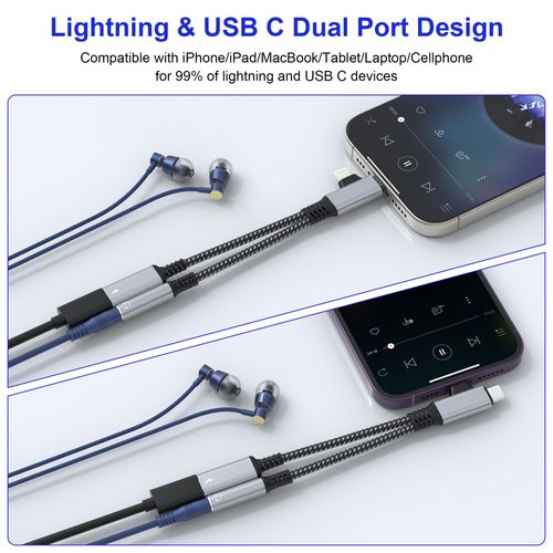 Lightning and USB C to 3.5mm Headphone and Charger Adapter - 2 in 2 iPhone Aux Adapter & USB C Headphone Adapter Audio Cable with PD60W Fast Charging, for iPhone16 15 14 Pro Max Galaxy iPad MacBook