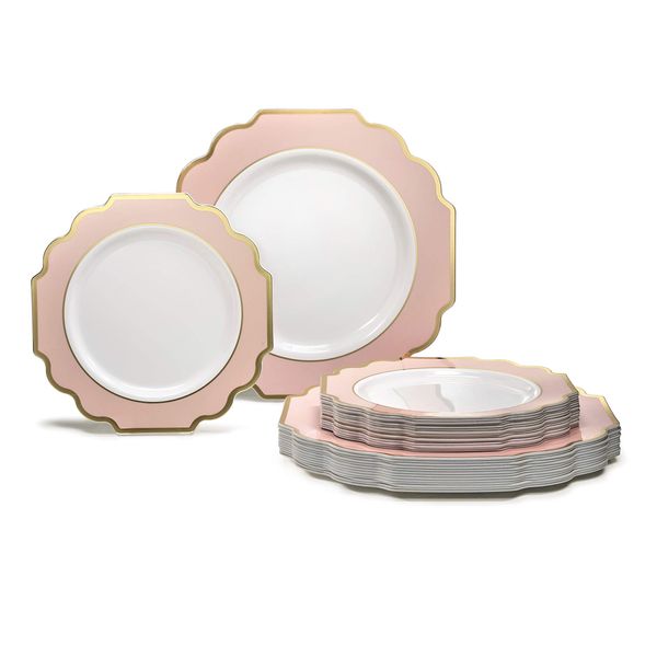 " OCCASIONS " 50 Plates Pack (25 Guests)-Heavyweight Wedding Party Disposable Plastic Plate Set -(25 x 10.5'' Dinner + 25 x 8'' Salad/Dessert) (Imperial in Blush Pink & Gold)