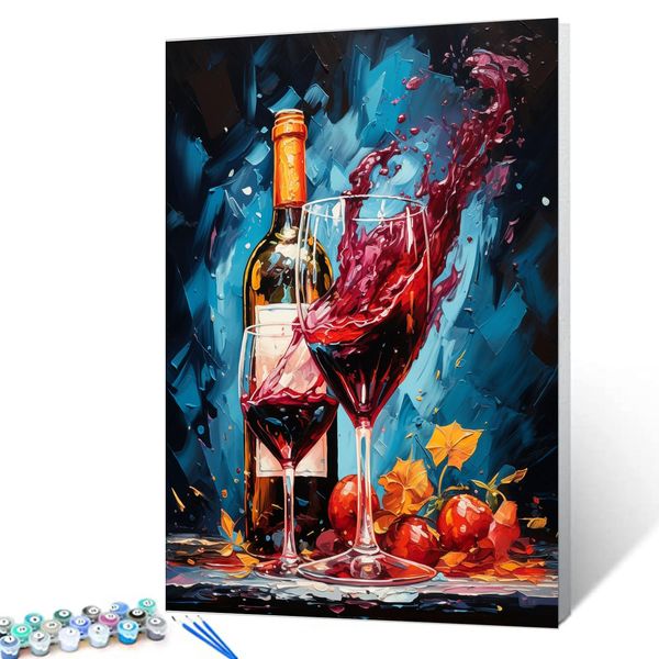 Glass with Splashed Red Wine Oil Paint by Number Kits for Kids and Adults Beginner Autumn Fruits Acrylic Digital Pitures Thankgiving Party Paintwork Bedroom Decor Graffitic Gift (16''W x 20''H)