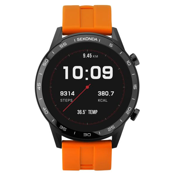 Sekonda Active Mens 45mm Smart Watch with Heart Rate and Sleep Monitor, Sport Activity, Music, Weather & Message Functions, with Orange Rubber Strap, 1911