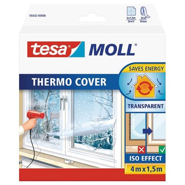 tesamoll Thermo Cover Window Insulating Film - Transparent Insulating Foil for Thermal Insulation of Windows - Includes Double Sided Tape for Easy Installation - 4 m x 1.5 m