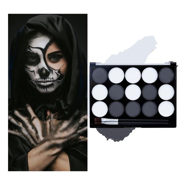 Black White Face Body Paint Kit with Brushes for Art Theater Halloween Party Cosplay Clown Sfx Makeup for Adult, Face Body Paint Washable Zombie Skeleton Makeup Kit (15 Colors)