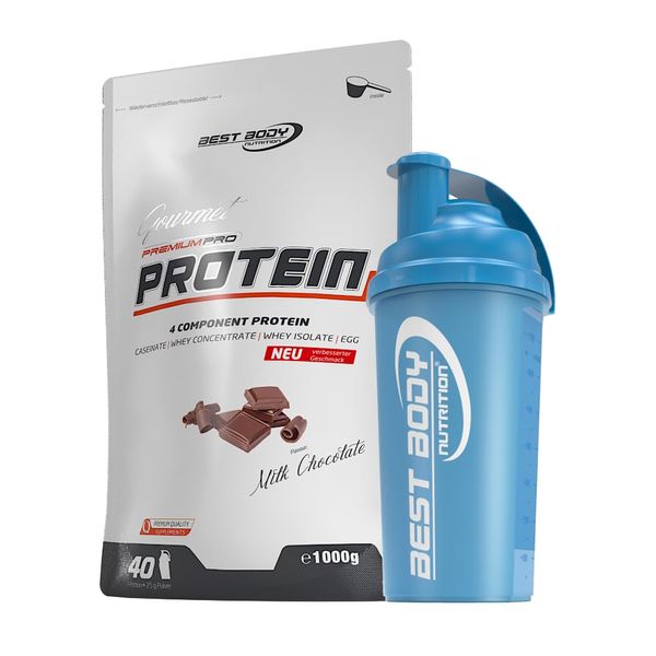 1kg Best Body Nutrition Gourmet 4 Komponenten Protein Eiweißshake - Set inkl. Protein Shaker/Gratiszugabe (Milk Chocolate, Best Body Shaker - Blau)