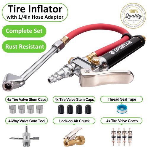 Spurtar 10-120 PSI Heavy Duty Tire Inflator Gauge Air Chuck with Pressure Gauge with 4 Way Tool and Valve Cores Tire Pressure Gauge with Inflator 12" Air Hose for Car Automotive Truck