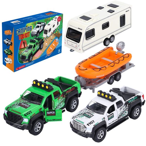 G.C 4 Pack Pickup Truck Trailer Toys for Boys&Girls Kids Toy Camper Boat Diecast Truck Vehicle 1:36 Scale Pull Back Metal Car Toys Playset with Light Sound