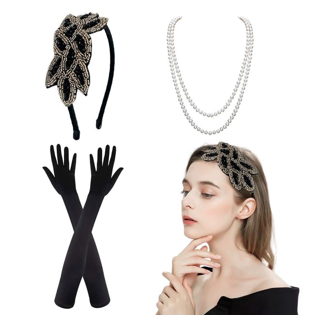 MIVAIUN 3 Stück 1920s Flapper Set, Flapper Stirnband, Vintage Kristall Stirnband 1920er Stirnband Damen Haarreif Gatsby Kostüm Accessoires, 20er Jahre Flapper Haarband Schwarz, Handschuhe (3 Stück)