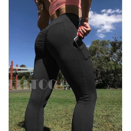 FITTOO Womens Scrunch Butt Lifting Yoga Pants Sport Workout Ruched Leggings High Waist Tight Side Pocket Black(S)