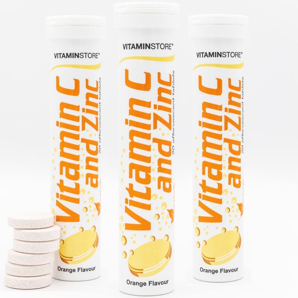 Vitamin Store Vitamin C and Zinc Effervescent Tablets - 3 Packs of 20 Orange Flavoured Fizzy Dissolvable Tablets for a Healthy Immune System - Vegan - One-a-Day VIT C and Zinc Supplement