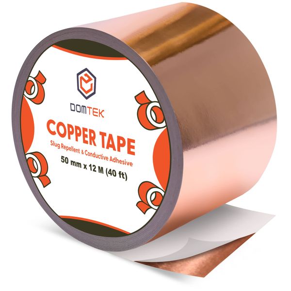 DOMTEK Copper Tape Slug Repellent (50mm wide, 12.2M Roll) - Double-Sided Conductive Adhesive Tape for Shielding & Guitar Repairs, Grounding, Paper Circuits, Stained Glass, DIY Crafts