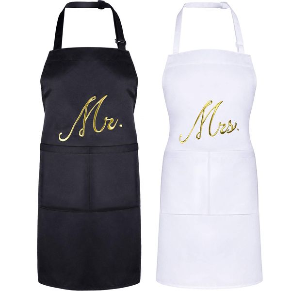 2 Piece Mr. and Mrs. Couple Apron Set Kitchen Aprons Matching Engagement Wedding Anniversary Bridal Shower Gift for Bride