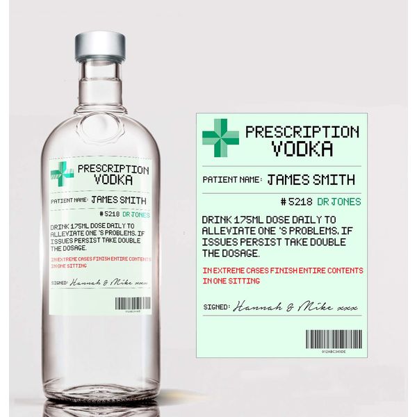 Personalised Prescription Vodka Bottle Label Custom - Any Wording