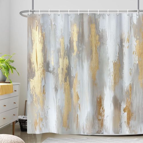 Boho Grey Gold Marble Shower Curtain, Abstract Neutral Modern Chic Aesthetic Shower Curtain for Bathroom, Minimalist Ombre Tan Gray Golden Oil Paint Decorative Bath Curtain 72X72 Fabric with 12 Hooks
