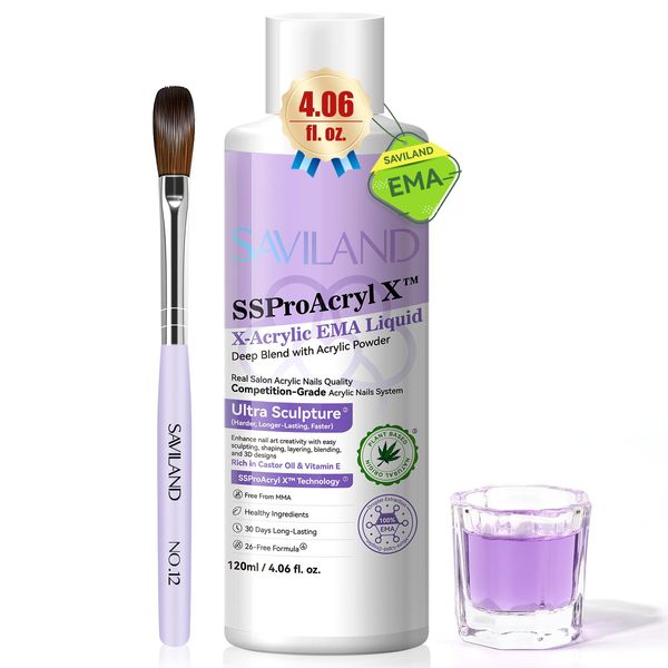 SAVILAND EMA Monomer Acrylic Nail Liquid: 4 oz Acrylic Liquid Monomer for Acrylic Nails Extension with 12# Acrylic Nail Brush Dappen Dish for Beginners DIY at Home Professional Nail Salon Use