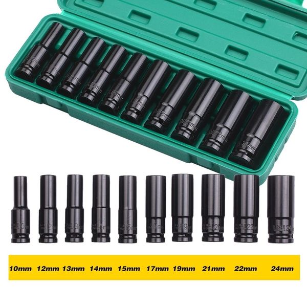 Socket Set Set 10pcs 12 Impact Wrench Kit Long, 10pcs 8-24mm for Professional Auto Car Tools