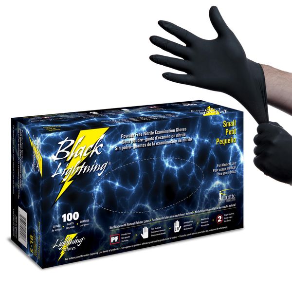 Atlantic Safety Products Black Lightning Exam Gloves, Disposable, Powder-Free Nitrile Gloves, Black, Small, 100-Ct