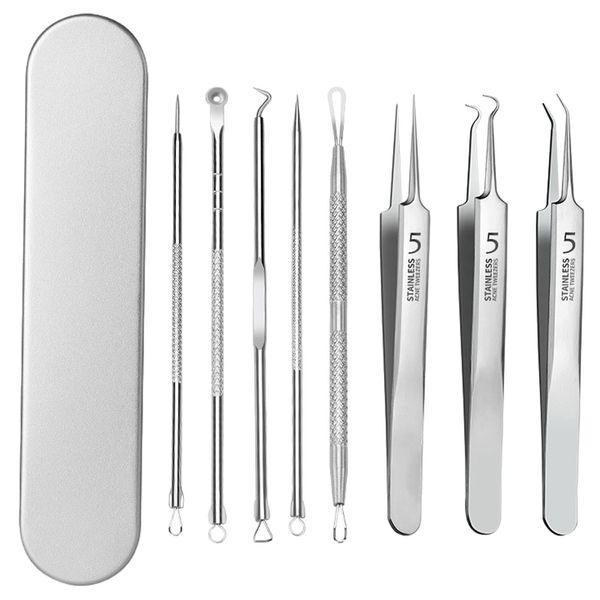 DELITLS 8 Stücke Mitesserentferner Komedonenquetscher Kit, Akne Mitesser Tools Blackhead Remover Pinzetten-Set aus Edelstahl Mitesser-entferner Akne Pinzette, Hautpflege für Gesicht Nase(Silber)